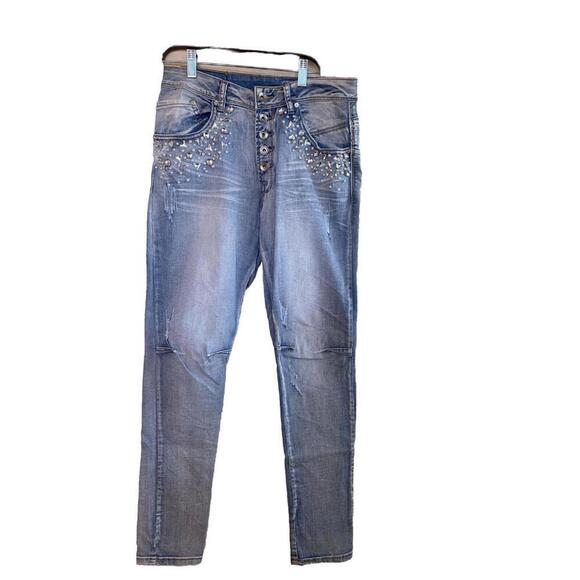 Light Wash Jeans From Italy Embellished With Rhinestone Sz.M Button Fly - Picture 1 of 6